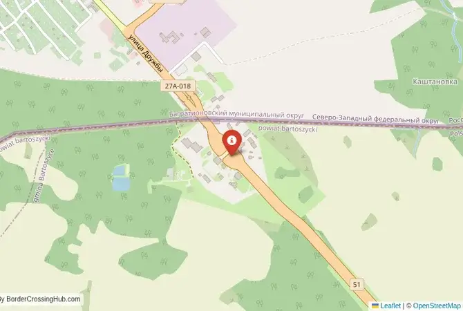 Close-up map showing a border crossing point with marker at the selected land port of entry between Russia and Poland