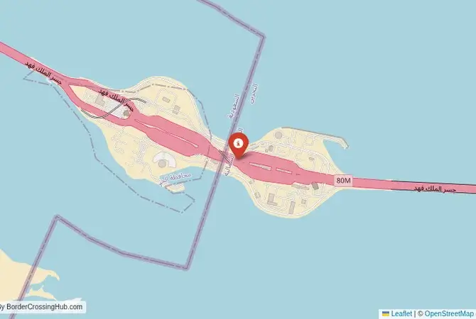 Close-up map showing a border crossing point with marker at the selected land port of entry between Saudi Arabia and Bahrain