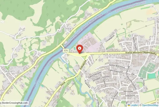 Close-up map showing a border crossing point with marker at the selected land port of entry between Bosnia and Herzegovina and Serbia