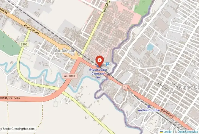 Close-up map showing a border crossing point with marker at the selected land port of entry between Thailand and Cambodia