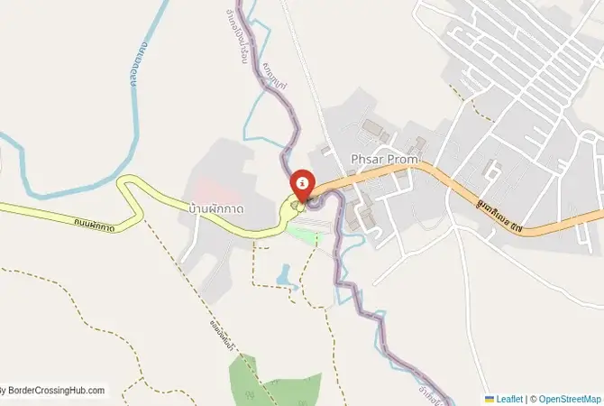 Close-up map showing a border crossing point with marker at the selected land port of entry between Cambodia and Thailand