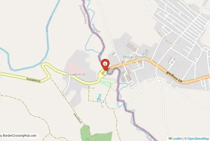 Close-up map showing a border crossing point with marker at the selected land port of entry between Cambodia and Thailand