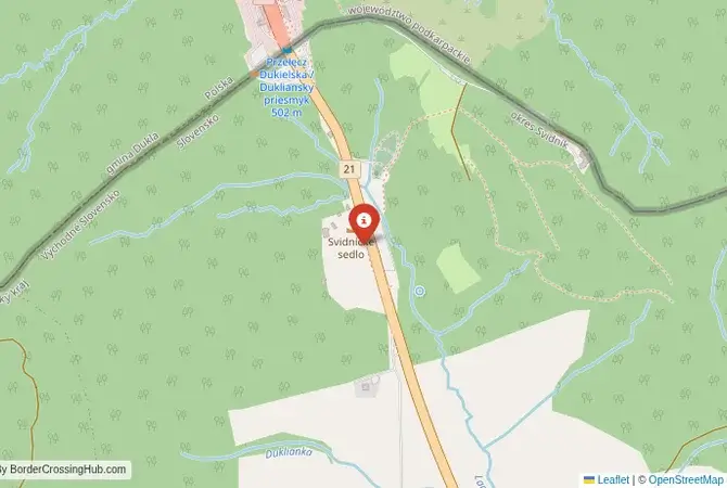 Close-up map showing a border crossing point with marker at the selected land port of entry between Slovakia and Poland