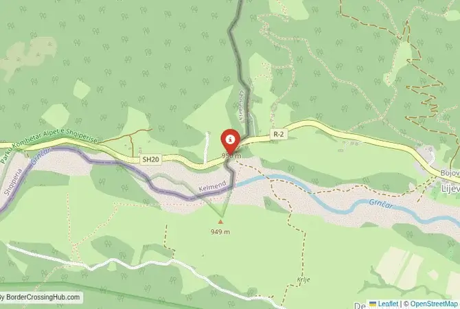 Close-up map showing a border crossing point with marker at the selected land port of entry between Albania and Montenegro