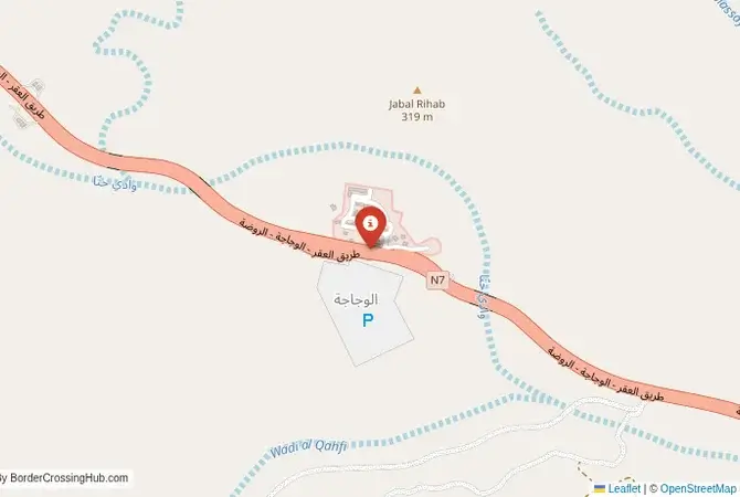 Close-up map showing a border crossing point with marker at the selected land port of entry between Saudi Arabia and Oman