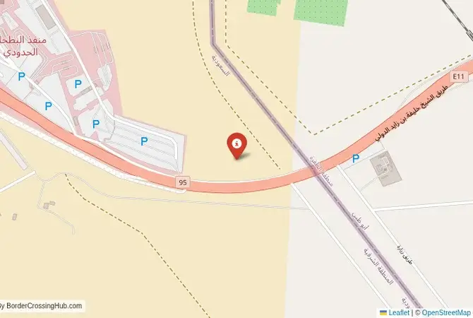 Close-up map showing a border crossing point with marker at the selected land port of entry between Saudi Arabia and UAE