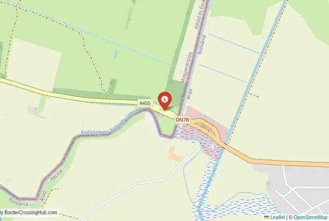 Close-up map showing a border crossing point with marker at the selected land port of entry between Hungary and Romania