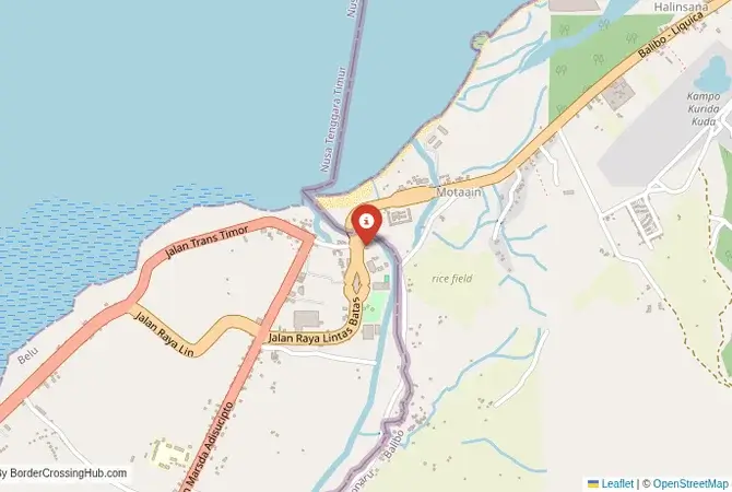 Close-up map showing a border crossing point with marker at the selected land port of entry between Indonesia and Timor-Leste