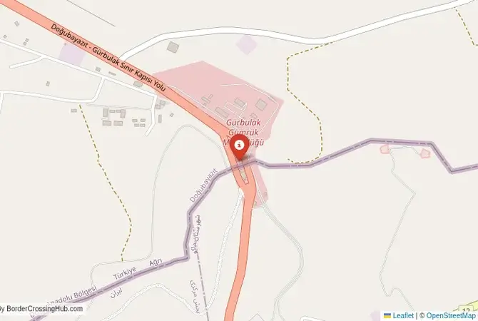 Close-up map showing a border crossing point with marker at the selected land port of entry between Turkey and Iran