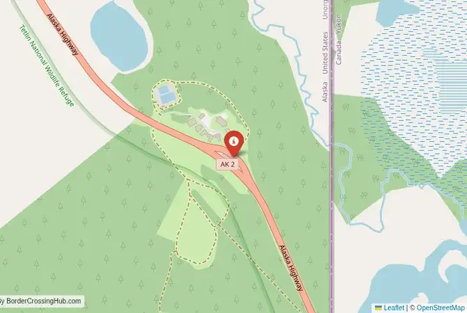 Close-up map showing a border crossing point with marker at the selected land port of entry between United States and Canada