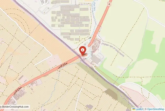 Close-up map showing a border crossing point with marker at the selected land port of entry between Israel and Gaza Strip