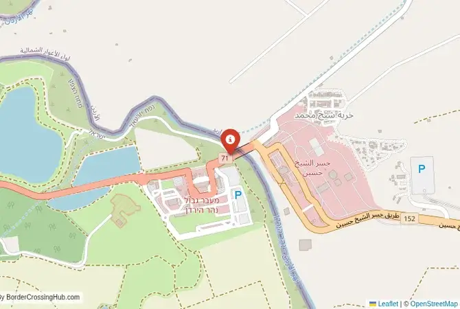 Close-up map showing a border crossing point with marker at the selected land port of entry between Jordan and Israel
