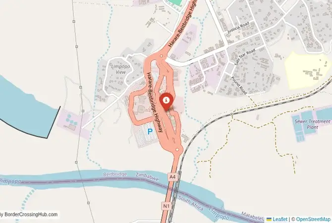 Close-up map showing a border crossing point with marker at the selected land port of entry between Zimbabwe and South Africa