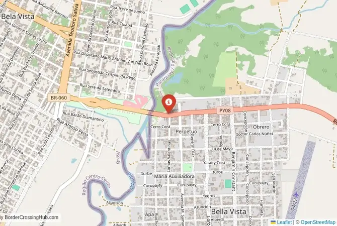 Close-up map showing a border crossing point with marker at the selected land port of entry between Brazil and Paraguay
