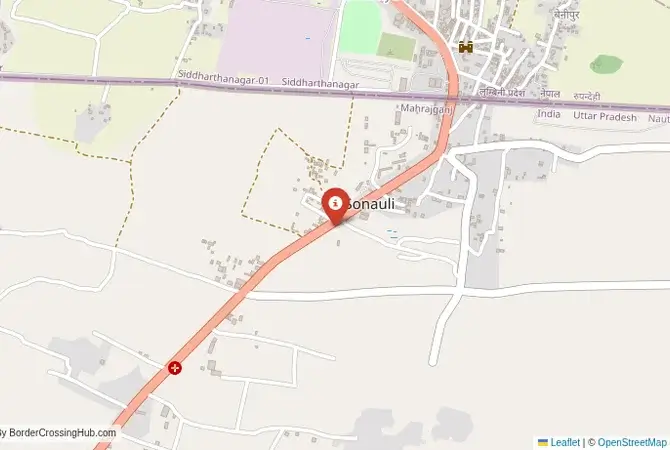 Close-up map showing a border crossing point with marker at the selected land port of entry between India and Nepal
