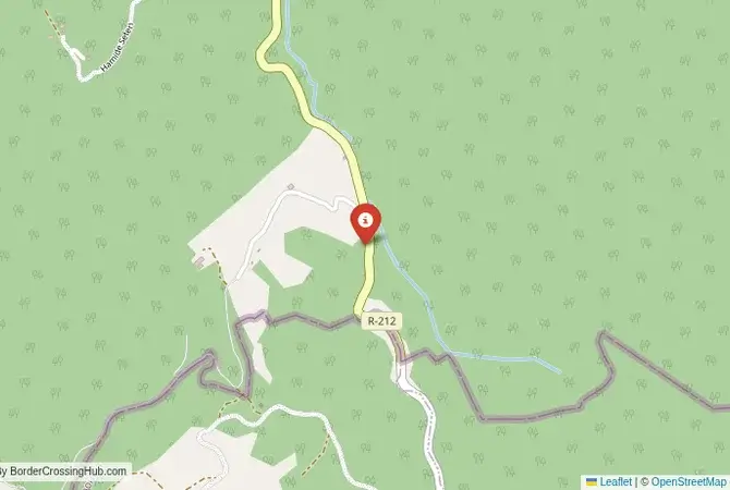 Close-up map showing a border crossing point with marker at the selected land port of entry between North Macedonia and Kosovo