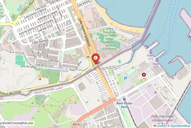 Close-up map showing a border crossing point with marker at the selected land port of entry between Morocco and Spain (Melilla)