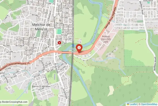 Close-up map showing a border crossing point with marker at the selected land port of entry between Guatemala and Belize