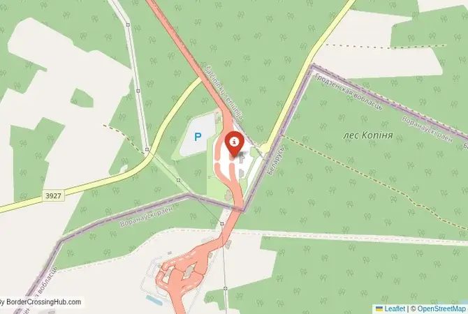 Close-up map showing a border crossing point with marker at the selected land port of entry between Belarus and Lithuania