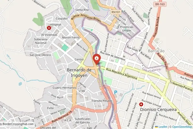 Close-up map showing a border crossing point with marker at the selected land port of entry between Brazil and Argentina