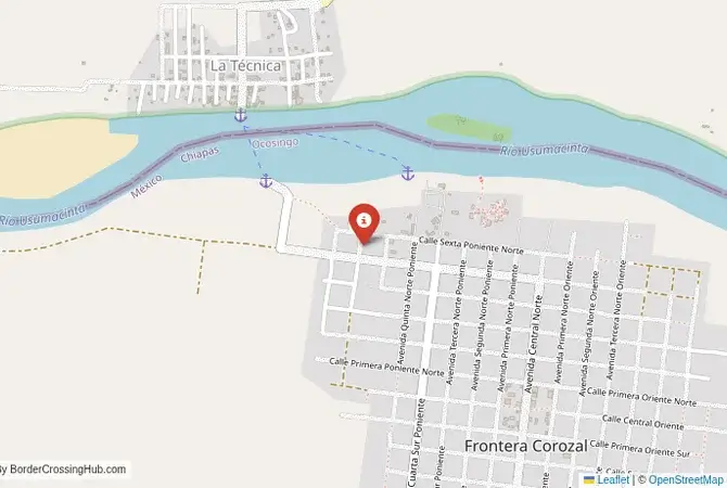 Close-up map showing a border crossing point with marker at the selected land port of entry between Mexico and Guatemala
