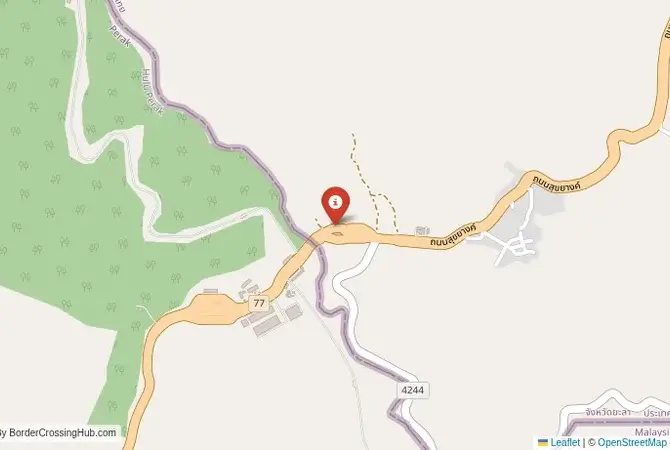 Close-up map showing a border crossing point with marker at the selected land port of entry between Thailand and Malaysia