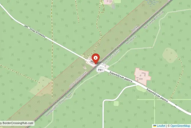 Close-up map showing a border crossing point with marker at the selected land port of entry between Belarus and Poland