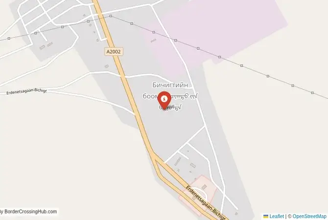 Close-up map showing a border crossing point with marker at the selected land port of entry between China and Mongolia