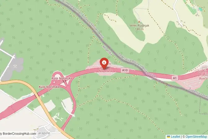 Close-up map showing a border crossing point with marker at the selected land port of entry between Bosnia and Herzegovina and Croatia