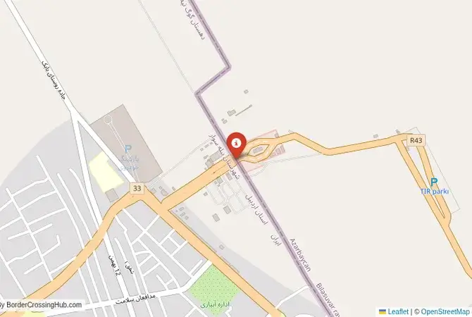 Close-up map showing a border crossing point with marker at the selected land port of entry between Azerbaijan and Iran