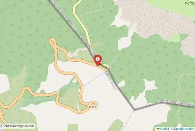 Close-up map showing a border crossing point with marker at the selected land port of entry between Bosnia and Herzegovina and Croatia