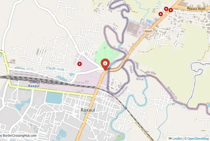 Close-up map showing a border crossing point with marker at the selected land port of entry between India and Nepal