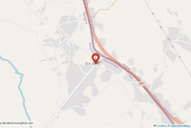 Close-up map showing a border crossing point with marker at the selected land port of entry between Malawi and Mozambique