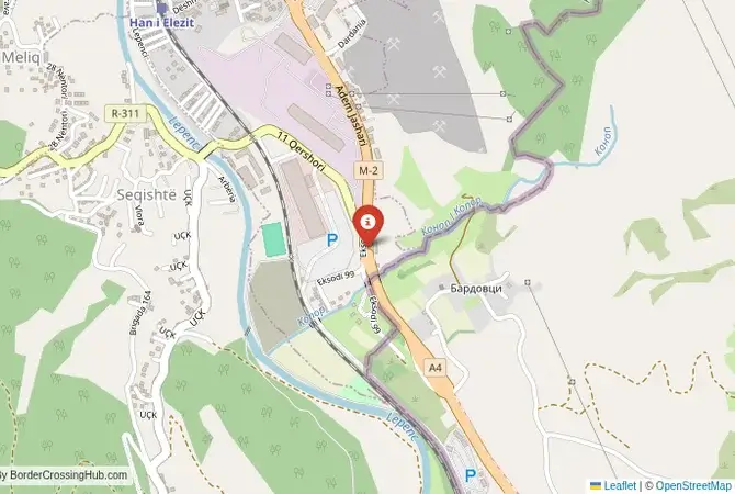 Close-up map showing a border crossing point with marker at the selected land port of entry between North Macedonia and Kosovo