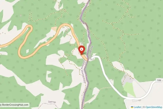 Close-up map showing a border crossing point with marker at the selected land port of entry between North Macedonia and Bulgaria