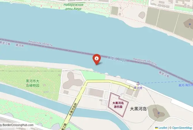 Close-up map showing a border crossing point with marker at the selected land port of entry between China and Russia