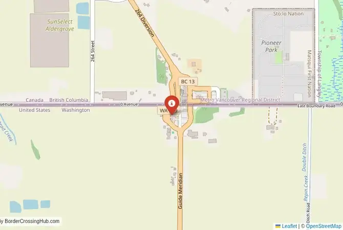 Close-up map showing a border crossing point with marker at the selected land port of entry between United States and Canada