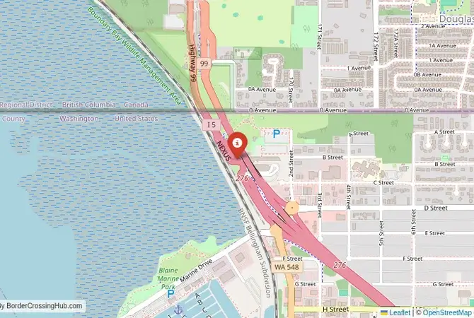Close-up map showing a border crossing point with marker at the selected land port of entry between United States and Canada