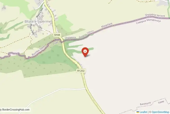 Close-up map showing a border crossing point with marker at the selected land port of entry between Albania and North Macedonia