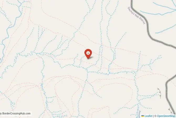 Close-up map showing a border crossing point with marker at the selected land port of entry between South Africa and Lesotho