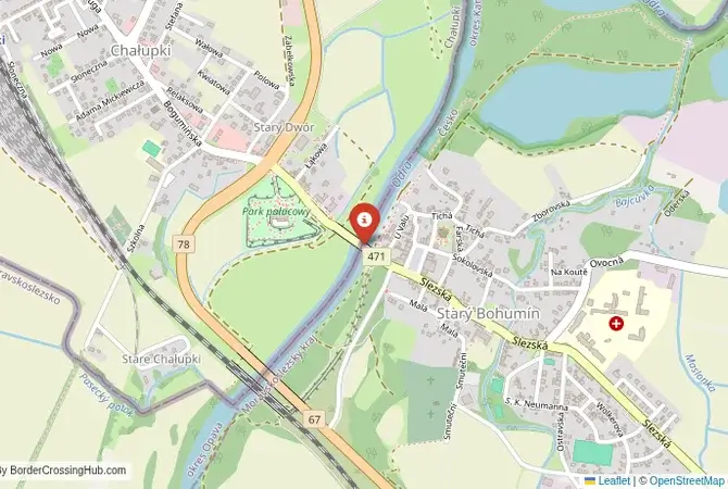 Close-up map showing a border crossing point with marker at the selected land port of entry between Slovakia and Czechia