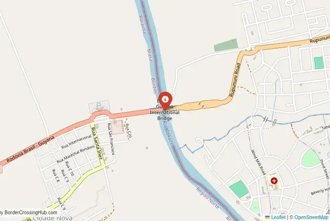 Close-up map showing a border crossing point with marker at the selected land port of entry between Brazil and Guyana