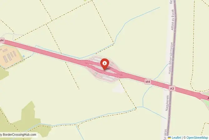Close-up map showing a border crossing point with marker at the selected land port of entry between Hungary and Romania