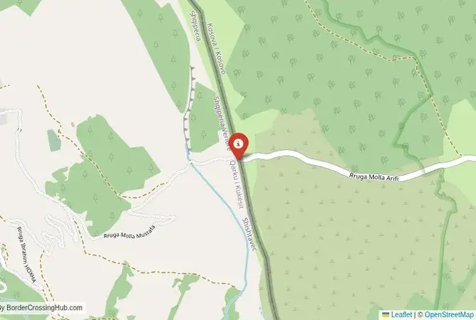 Close-up map showing a border crossing point with marker at the selected land port of entry between Albania and Kosovo