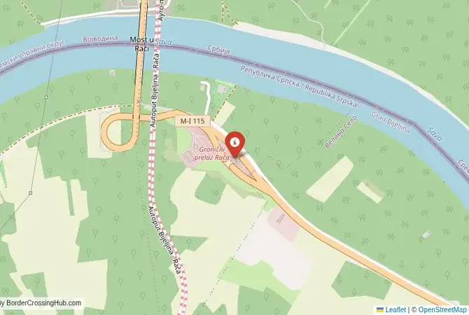 Close-up map showing a border crossing point with marker at the selected land port of entry between Bosnia and Herzegovina and Serbia