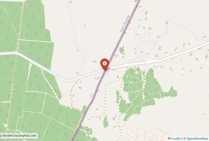 Close-up map showing a border crossing point with marker at the selected land port of entry between South Africa and Eswatini