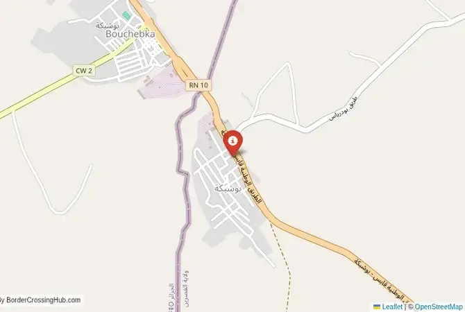 Close-up map showing a border crossing point with marker at the selected land port of entry between Algeria and Tunisia