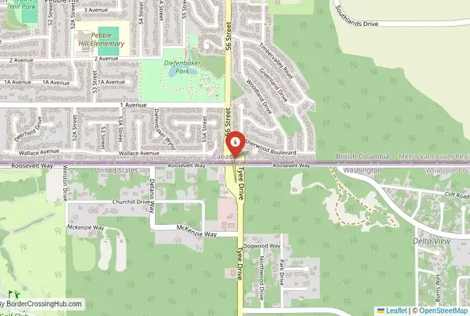 Close-up map showing a border crossing point with marker at the selected land port of entry between United States and Canada