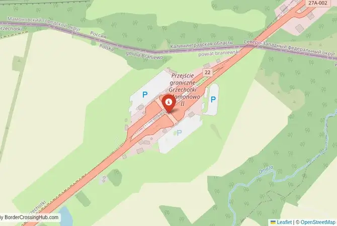 Close-up map showing a border crossing point with marker at the selected land port of entry between Russia and Poland