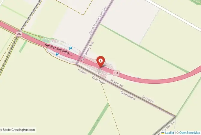 Close-up map showing a border crossing point with marker at the selected land port of entry between Austria and Slovakia